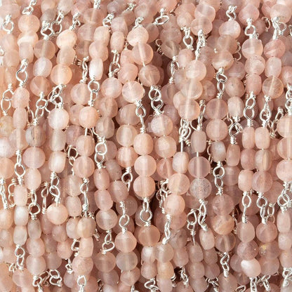 4mm Angel Skin Peach Moonstone faceted coin Trio Silver Chain by the foot 54 beads per length