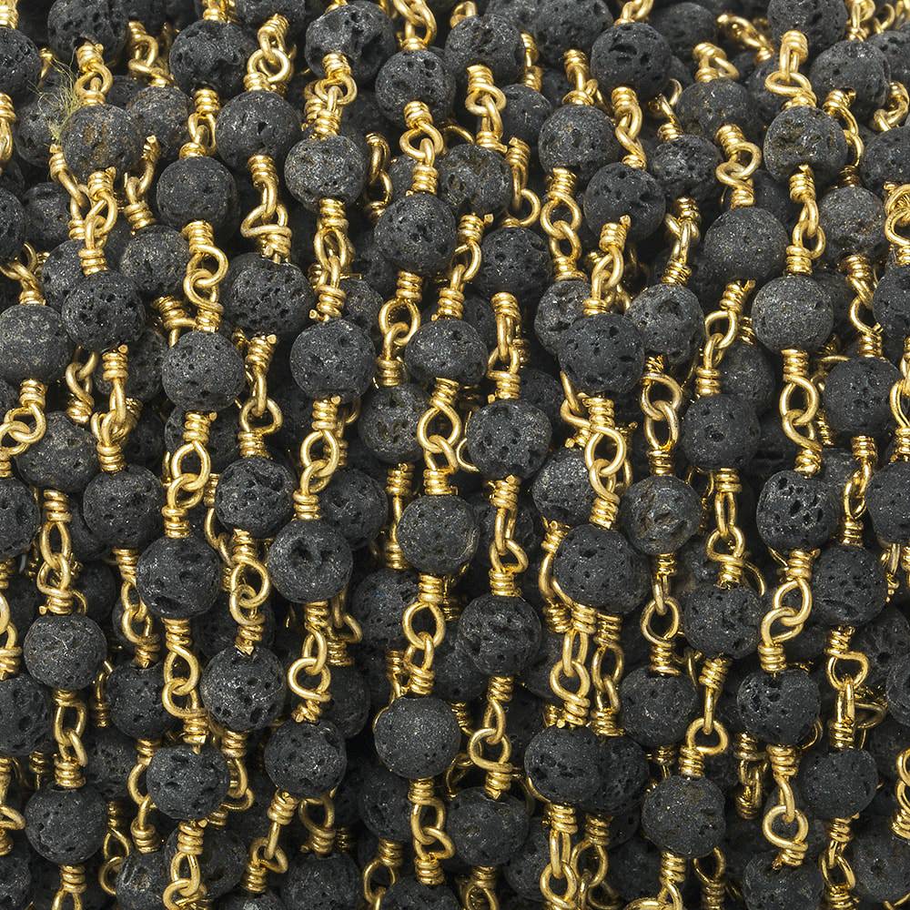 4mm Black Lava Rock plain round Gold Chain by the foot 30 beads