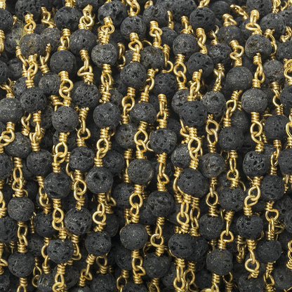 4mm Black Lava Rock plain round Gold Chain by the foot 30 beads