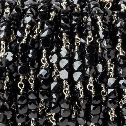4mm Black Spinel micro faceted cube Silver .925 Chain by the foot