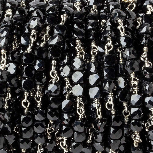4mm Black Spinel micro faceted cube Silver .925 Chain by the foot