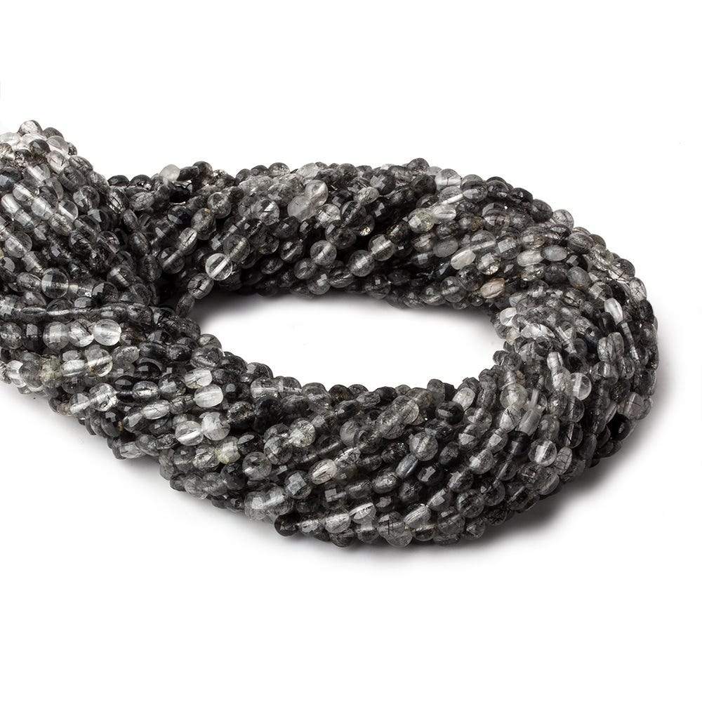 4mm Black Tourmalinated Quartz checkerboard calibrated faceted coins 12.5 inch 85 beads AAA