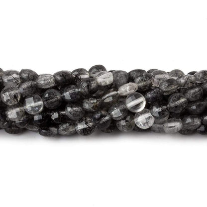 4mm Black Tourmalinated Quartz checkerboard calibrated faceted coins 12.5 inch 85 beads AAA