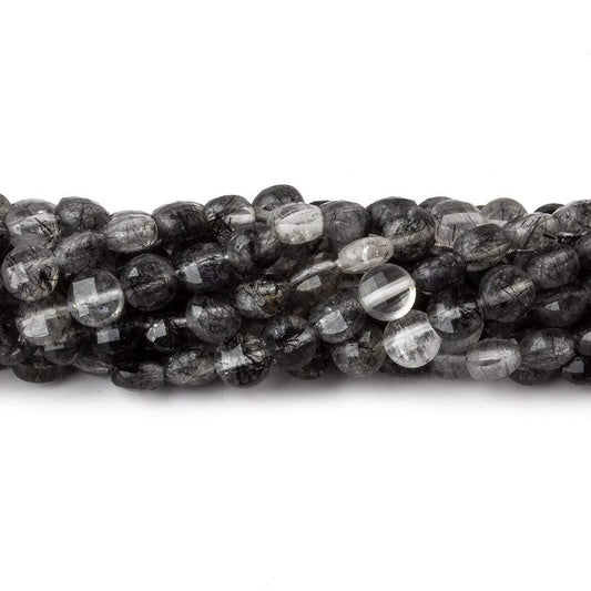 4mm Black Tourmalinated Quartz checkerboard calibrated faceted coins 12.5 inch 85 beads AAA