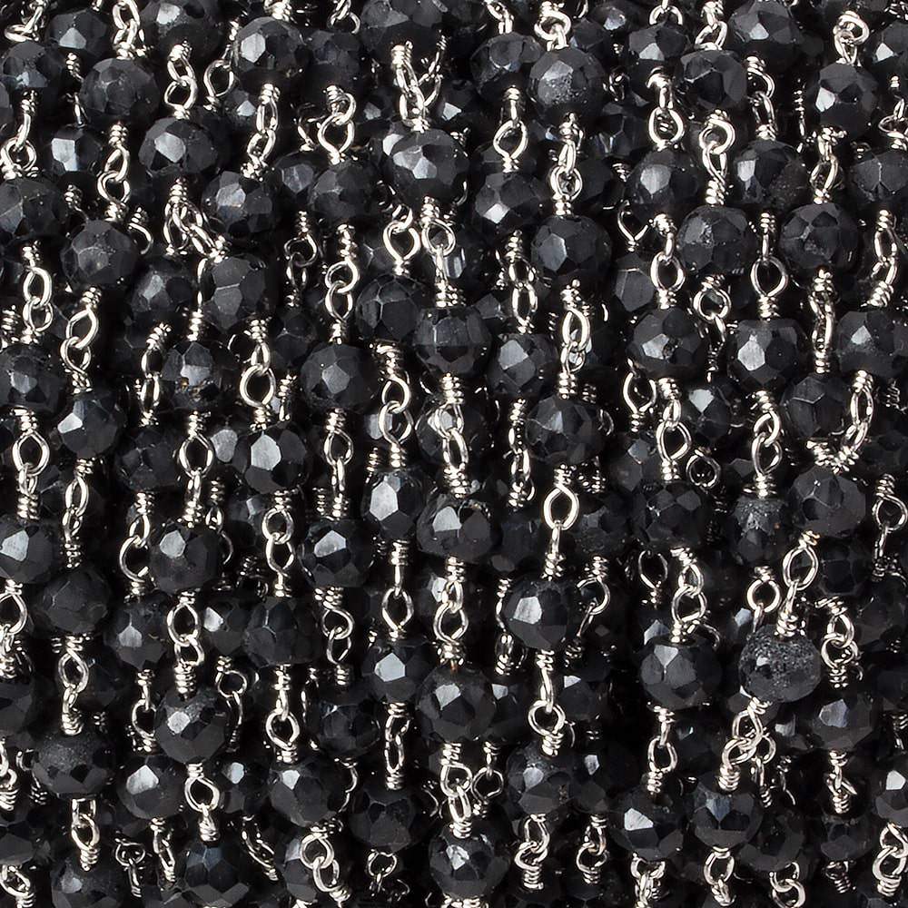 4mm Black Tourmaline faceted rondelle Silver plated Chain by the foot 35 pcs
