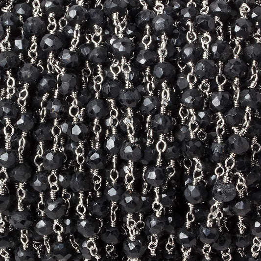 4mm Black Tourmaline faceted rondelle Silver plated Chain by the foot 35 pcs