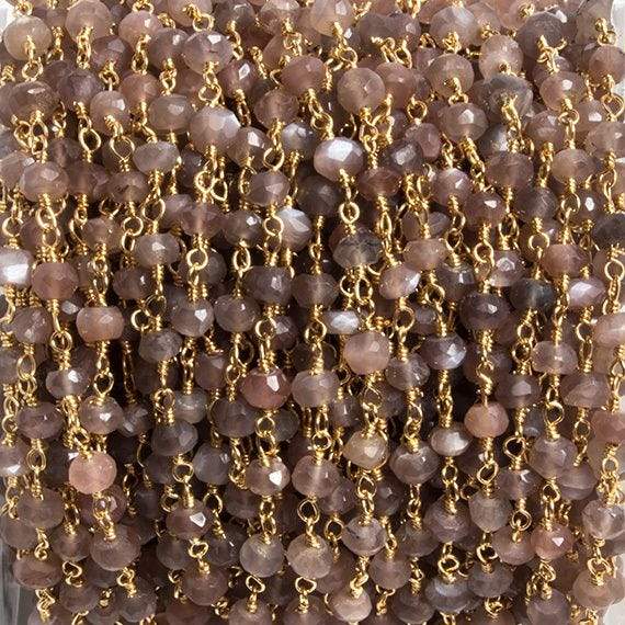 4mm Chocolate Moonstone faceted rondelle Gold Chain by the foot 34 pieces