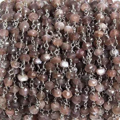 4mm Chocolate Moonstone faceted rondelle Silver Chain by the foot 34 pieces