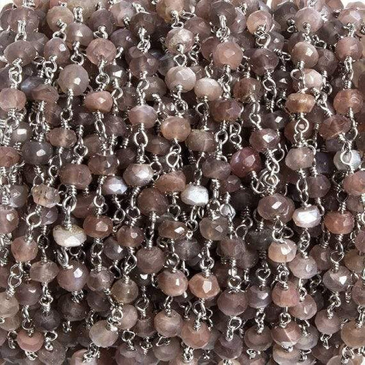 4mm Chocolate Moonstone faceted rondelle Silver Chain by the foot 34 pieces