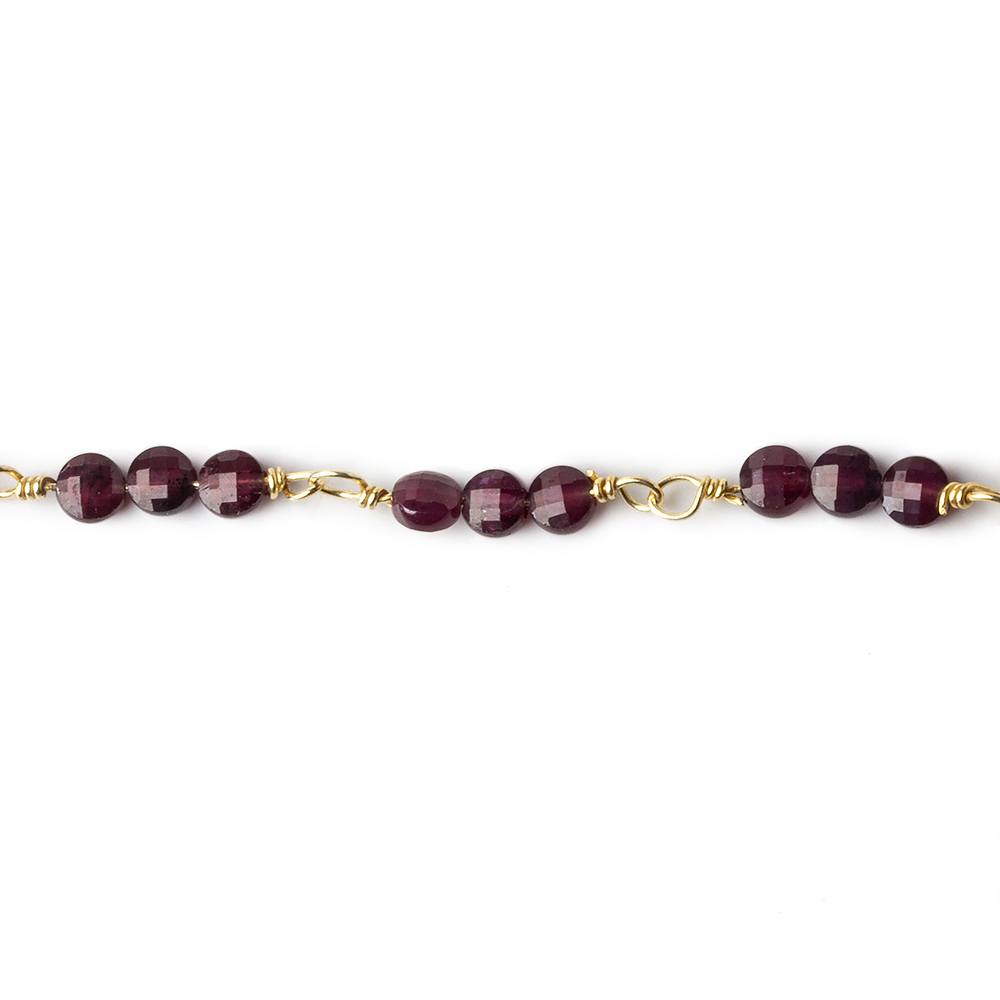 4mm Garnet faceted coin Trio Gold Chain by the foot 54 beads per length