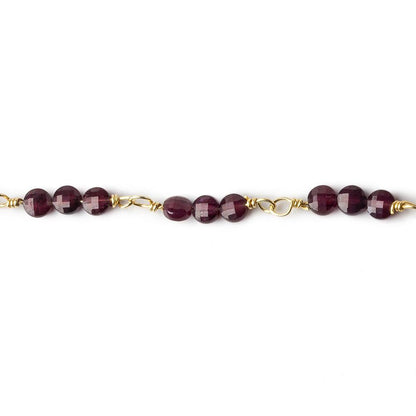 4mm Garnet faceted coin Trio Gold Chain by the foot 54 beads per length