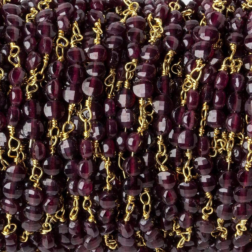 4mm Garnet faceted coin Trio Gold Chain by the foot 54 beads per length