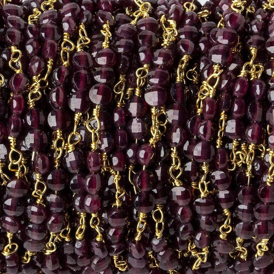 4mm Garnet faceted coin Trio Gold Chain by the foot 54 beads per length