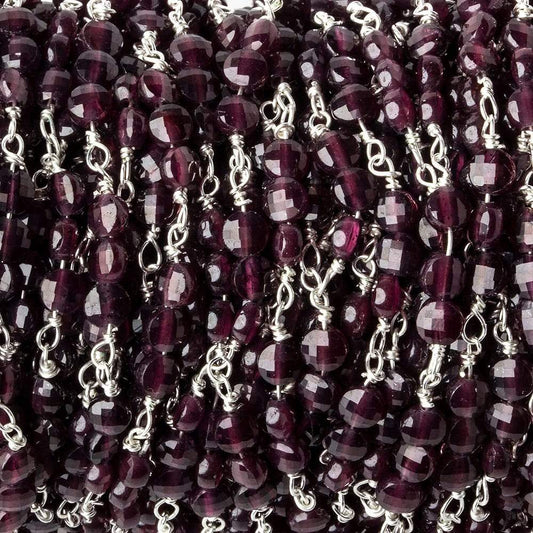 4mm Garnet faceted coin Trio Silver Chain by the foot 54 beads per length