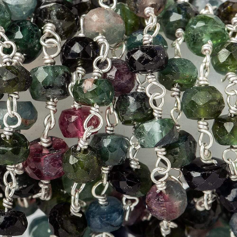 4mm Green and Pink Tourmaline rondelle Sterling Silver Chain by the foot