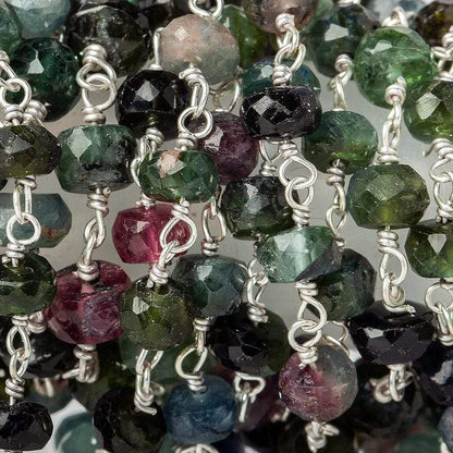 4mm Green and Pink Tourmaline rondelle Sterling Silver Chain by the foot