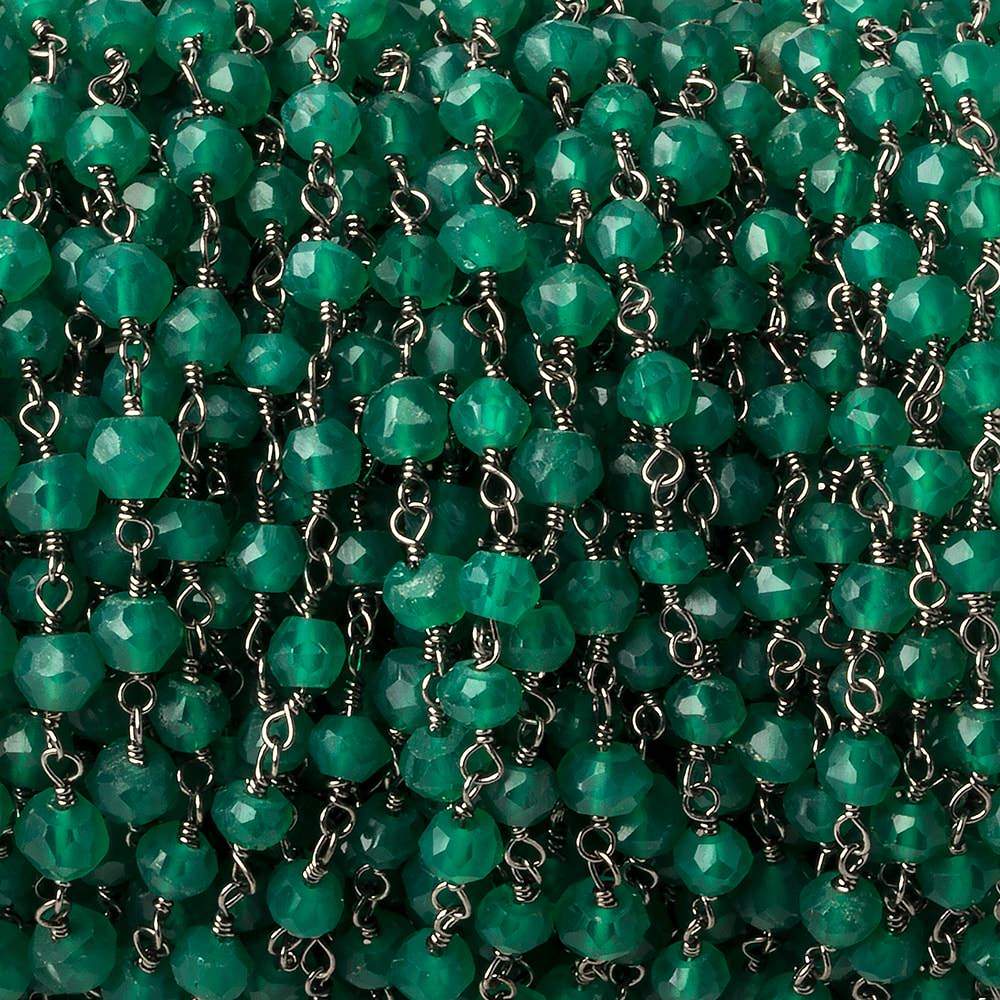 4mm Green Onyx faceted rondelle Black Gold plated Chain by the foot 33 beads