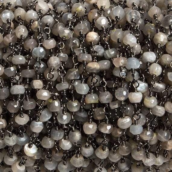 4mm Grey Moonstone faceted rondelle Black Gold Chain by the foot 34 pieces