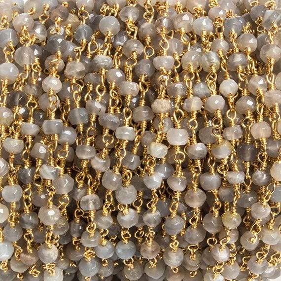 4mm Grey Moonstone faceted rondelle Gold Chain by the foot 34 pieces