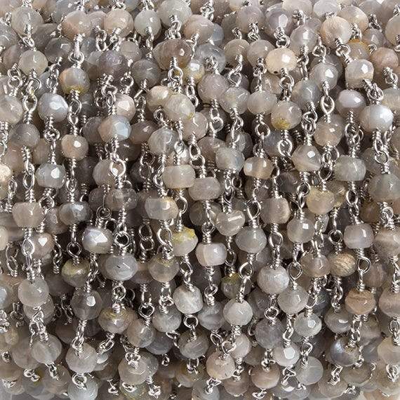 4mm Grey Moonstone faceted rondelle Silver Chain by the foot 34 pieces