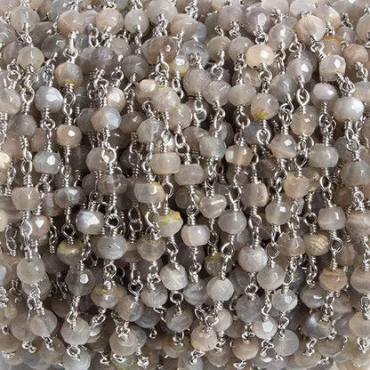 4mm Grey Moonstone faceted rondelle Silver Chain by the foot 34 pieces