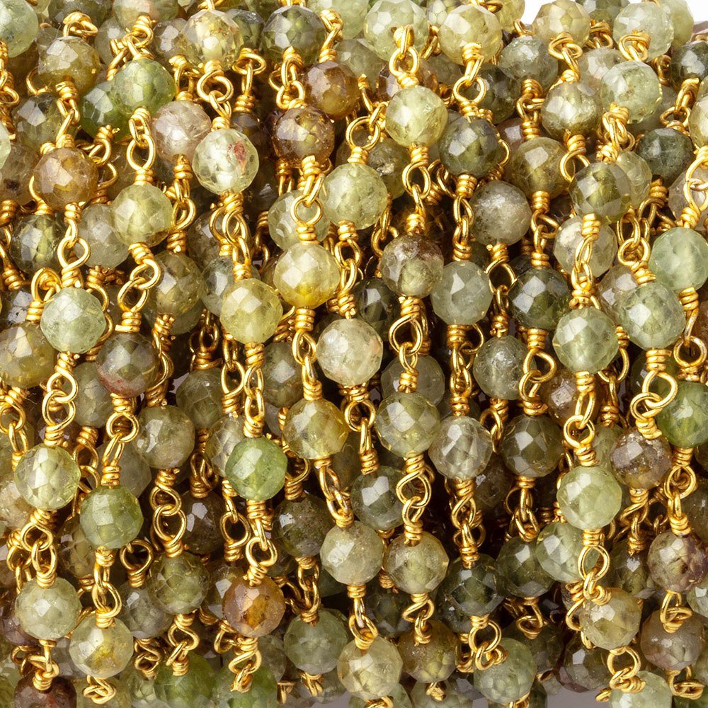 4mm Grossular Garnet Micro Faceted Rounds on Gold Plated Chain
