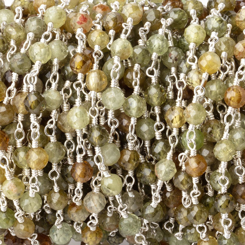 4mm Grossular Garnet Micro Faceted Rounds on Silver Plated Chain