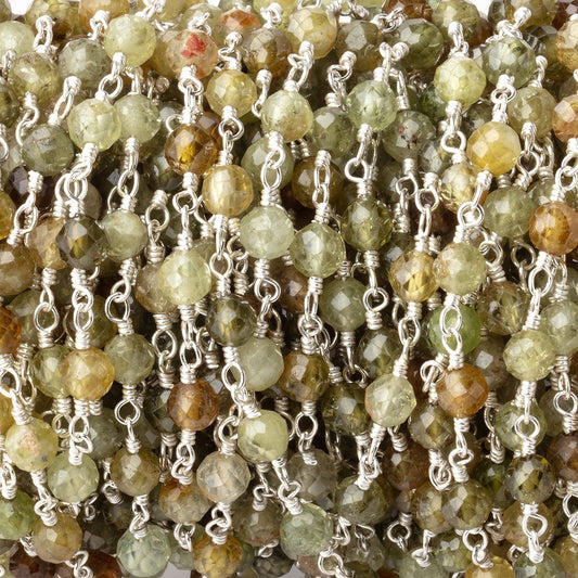 4mm Grossular Garnet Micro Faceted Rounds on Silver Plated Chain