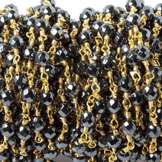 4mm Hematite faceted round Gold Chain by the foot 31 pcs