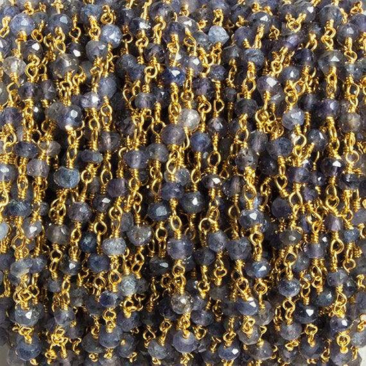 4mm Iolite faceted rondelle Gold Chain by the foot 34 pieces