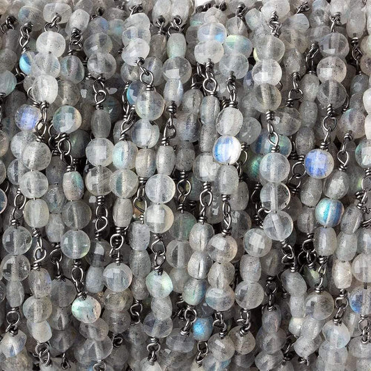 4mm Labradorite faceted coin Trio Black Gold Chain by the foot 54 beads per length