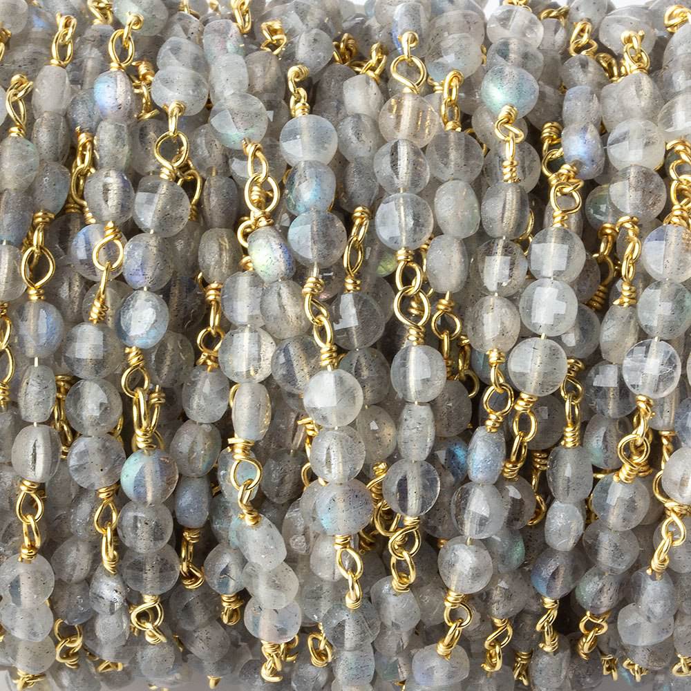 4mm Labradorite faceted coin Trio Gold Plated Chain by the foot 54 beads per length