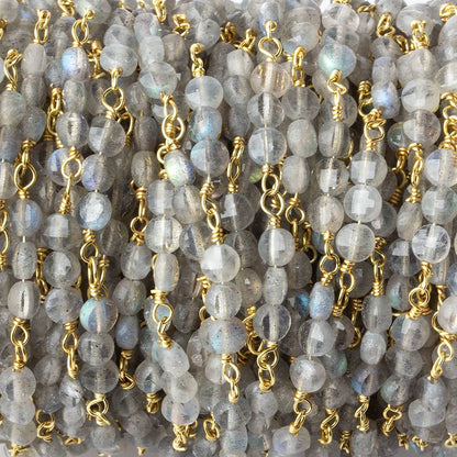 4mm Labradorite faceted coin Trio Gold Plated Chain by the foot 54 beads per length