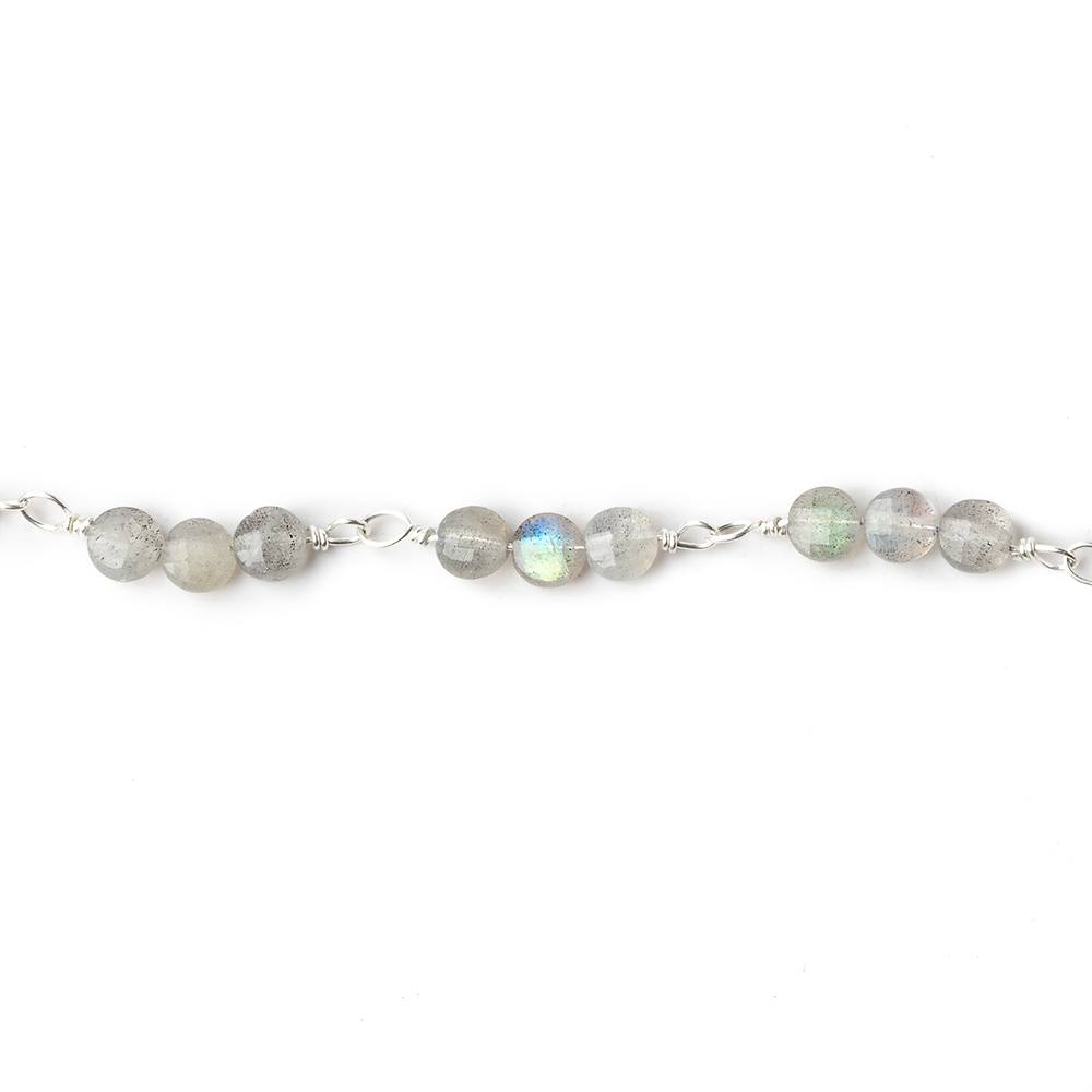 4mm Labradorite faceted coin Trio Silver Plated Chain by the foot 54 beads per length