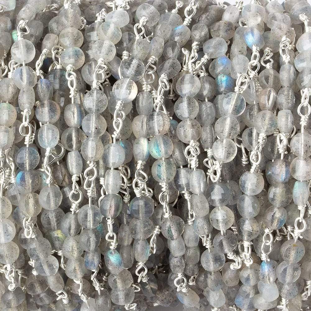 4mm Labradorite faceted coin Trio Silver Plated Chain by the foot 54 beads per length
