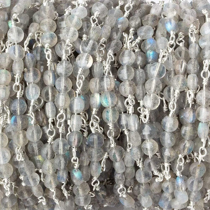 4mm Labradorite faceted coin Trio Silver Plated Chain by the foot 54 beads per length