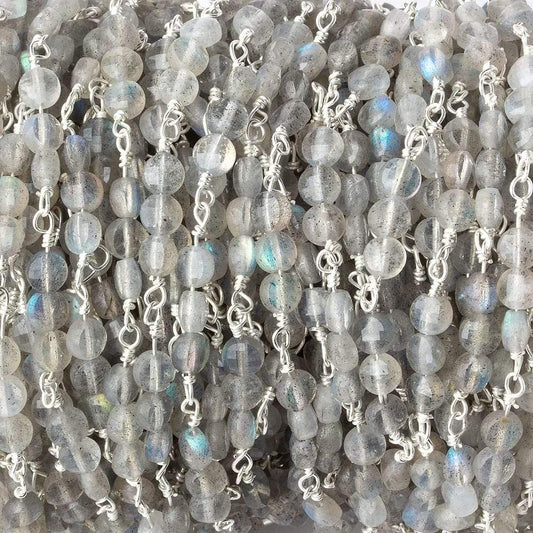 4mm Labradorite faceted coin Trio Silver Plated Chain by the foot 54 beads per length