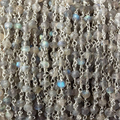 4mm Labradorite faceted rondelle Silver Chain by the foot 34 pieces