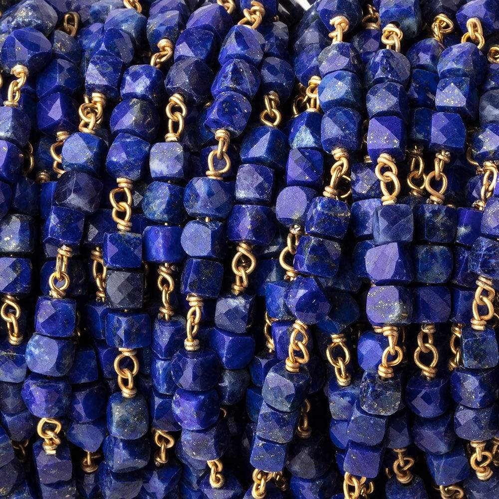 4mm Lapis Lazuli Micro Faceted Cube Gold Plated Chain by the Foot