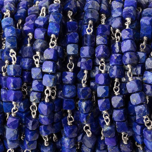 4mm Lapis Lazuli Micro Faceted Cube Silver Chain by the Foot