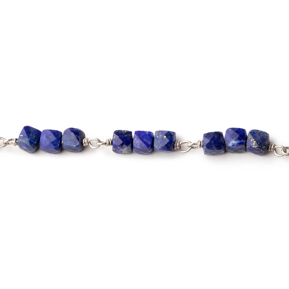 4mm Lapis Lazuli Micro Faceted Cube Silver Chain by the Foot