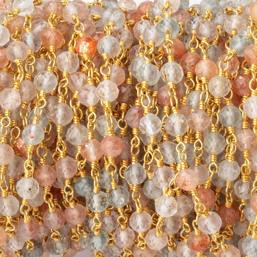 4mm Madagascar Sunstone Micro Faceted Rounds on Gold Plated Chain