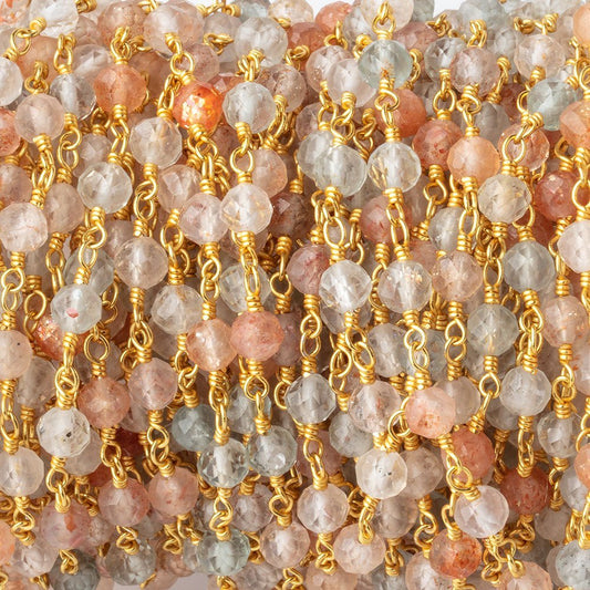 4mm Madagascar Sunstone Micro Faceted Rounds on Gold Plated Chain