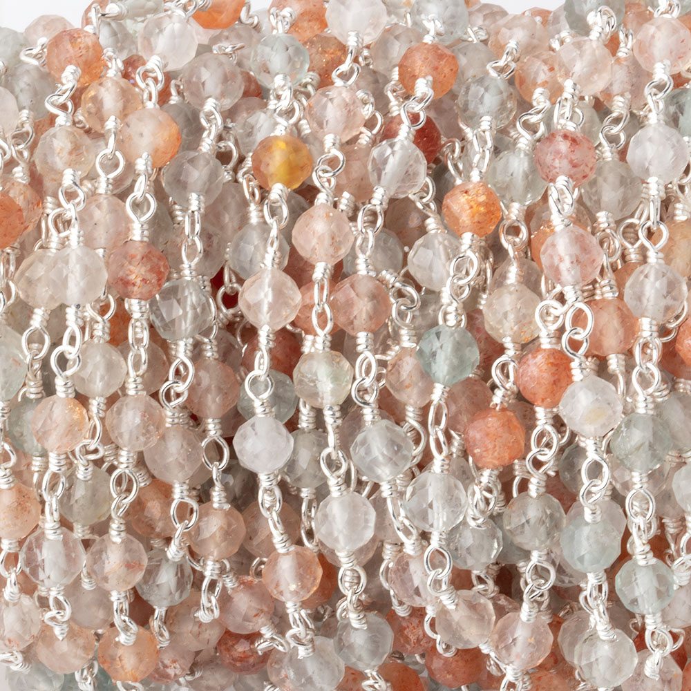 4mm Madagascar Sunstone Micro Faceted Rounds on Silver Plated Chain