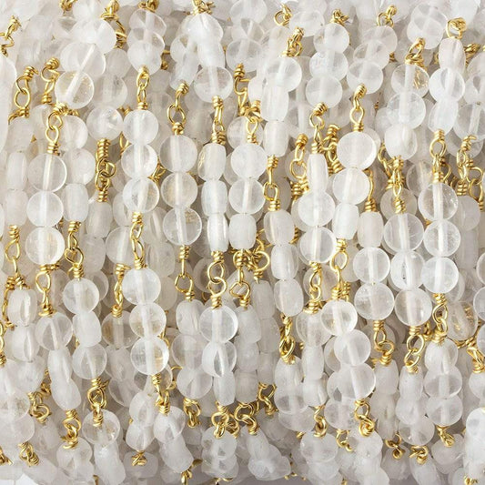 4mm Matte Crystal Quartz faceted coin Trio Gold Chain by the foot 54 beads per length