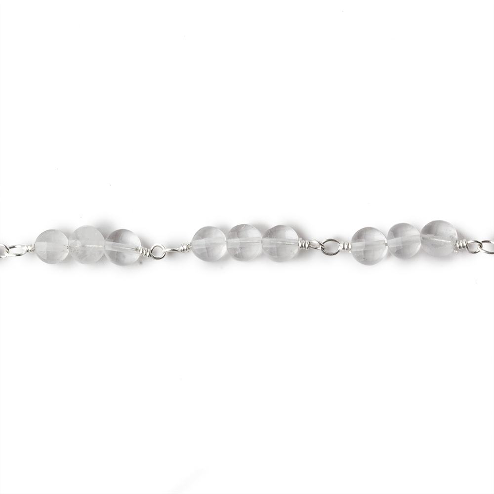 4mm Matte Crystal Quartz faceted coin Trio Silver Chain by the foot 54 beads per length