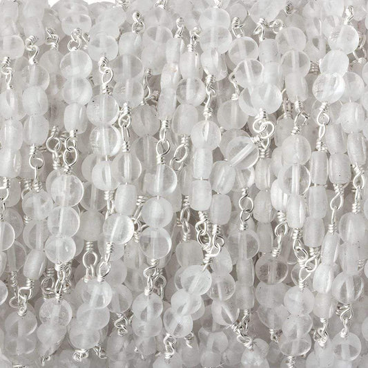 4mm Matte Crystal Quartz faceted coin Trio Silver Chain by the foot 54 beads per length