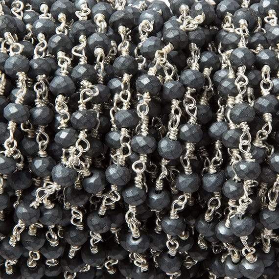 4mm Matte Hematite faceted rondelle Silver plated Chain by the foot 34 pcs