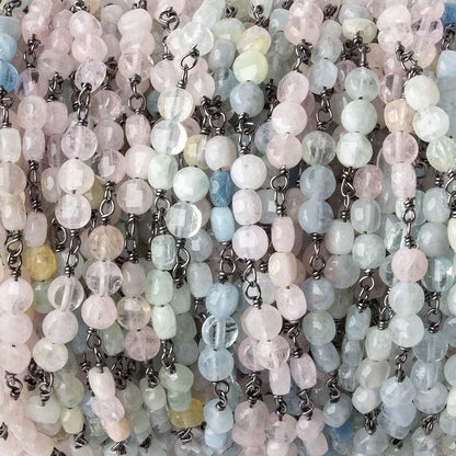 4mm Multi Color Beryl faceted coin Trio Black Gold Chain by the foot 54 beads per length