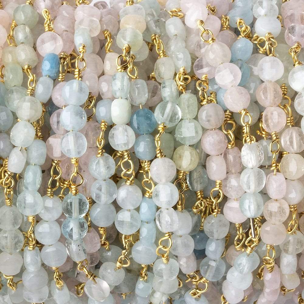 4mm Multi Color Beryl faceted coin Trio Gold Chain by the foot 54 beads per length